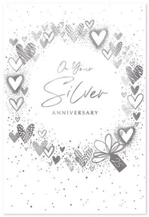 a silver anniversary card with a wreath of silver hearts