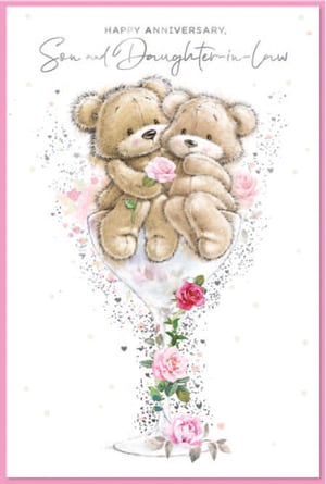 a son and daughter in law anniversary card with two teddy bears in a wine glass