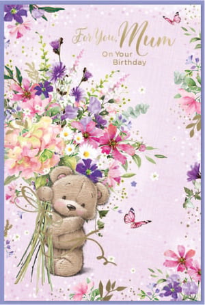 a birthday card with a teddy bear holding a bouquet of flowers