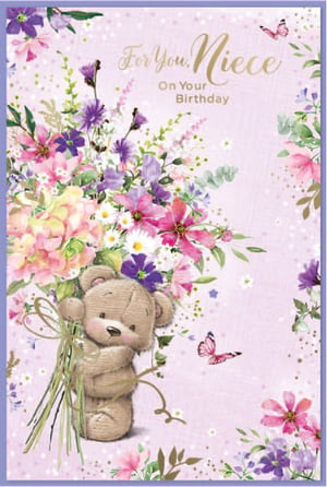a birthday card for a niece with a teddy bear holding a bouquet of flowers
