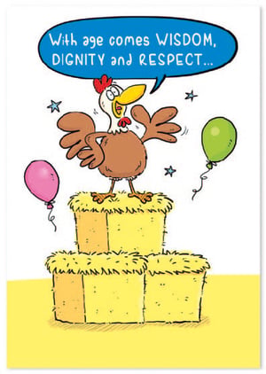 a cartoon of a chicken standing on a pile of hay with a speech bubble that says with age comes wisdom