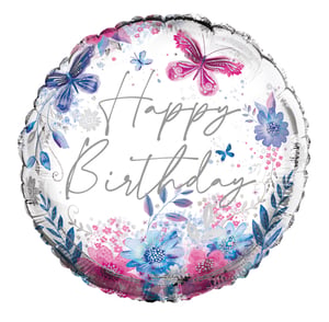 A happy birthday balloon with butterflies on it.