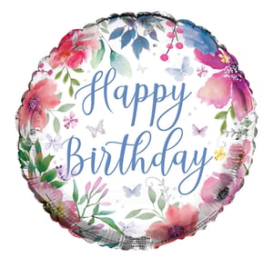 A happy birthday balloon with flowers on it.