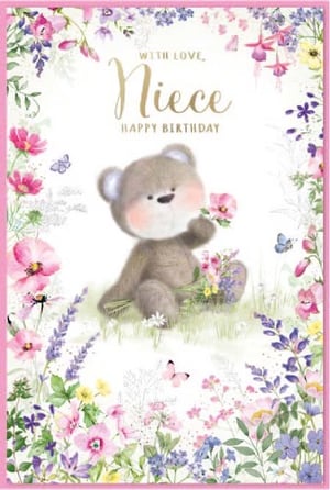 a birthday card for a niece with a teddy bear holding a bouquet of flowers .