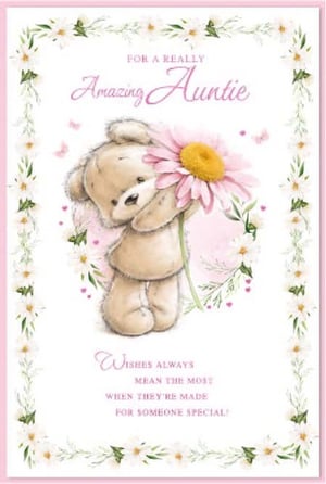 a teddy bear is holding a pink flower on a birthday card for an amazing auntie .