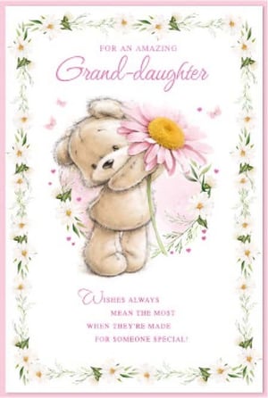a teddy bear is holding a pink flower on a birthday card for a granddaughter .