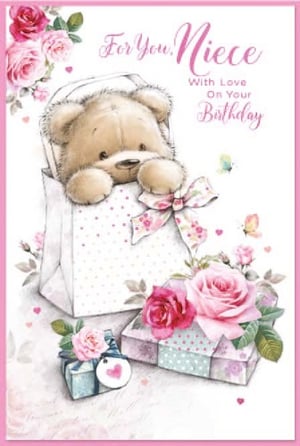 a birthday card for a niece with a teddy bear in a bag .