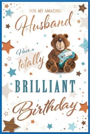 a birthday card for a husband with a teddy bear holding a gift