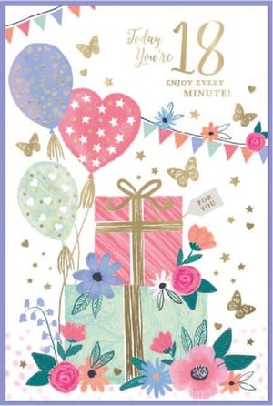 a 18th birthday card with flowers and balloons