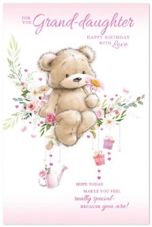 a birthday card for a granddaughter with a teddy bear holding a flower .