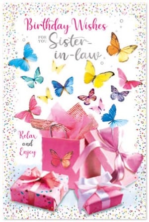 a birthday card for a sister in law with butterflies and gifts