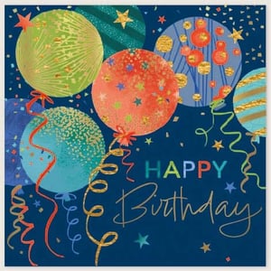 a birthday card with balloons and confetti and the words `` happy birthday '' .
