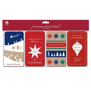 Make gifting money or vouchers extra special this festive season with our charming 4 Kraft Money Wallets. Each pack features four unique and beautifully designed wallets, complete with envelopes, perfect for adding a personal touch to your Christmas presents.
Discover a delightful array of designs, from a serene winter wonderland scene with Santa's sleigh and 'Festive Wishes', to a bold red wallet proclaiming 'Have yourself a Merry little Christmas'. You'll also find a rustic kraft design adorned with stars and trees, wishing a 'merry christmas', and a classic red bauble design with the message 'It's the most Wonderful time of the year'. These wallets blend traditional festive colours with a lovely kraft aesthetic, ensuring your thoughtful gift stands out.