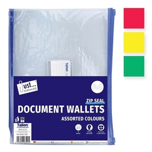 a package of talon zip seal document wallets in assorted colors