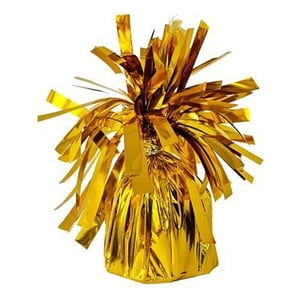 a gold foil balloon weight with tinsel on a white background .