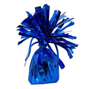 a blue balloon weight wrapped in blue foil on a white background .