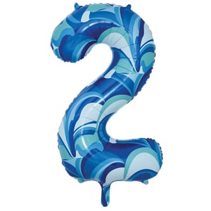 a blue balloon in the shape of the number 2