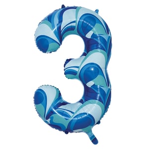 a blue balloon in the shape of the number three