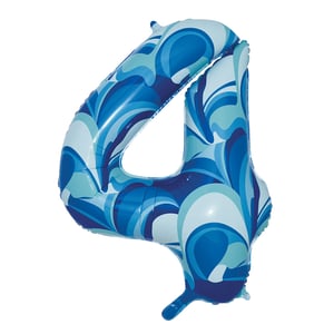 a blue balloon in the shape of the number four