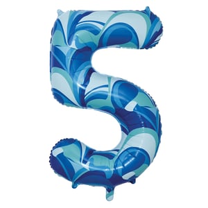 a blue balloon in the shape of the number 5