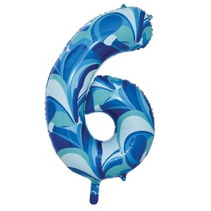 a blue balloon in the shape of the number 6