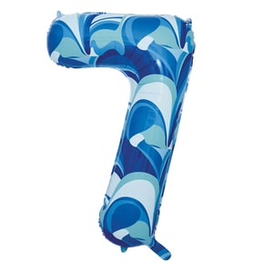 a blue number 7 balloon on a white background
