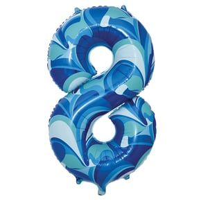 a blue balloon in the shape of the number eight
