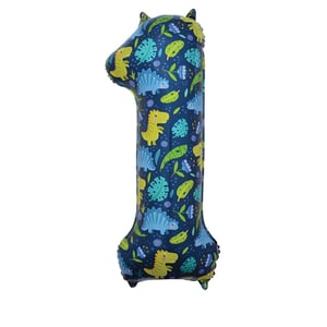 a blue number 1 balloon with dinosaurs and leaves on it