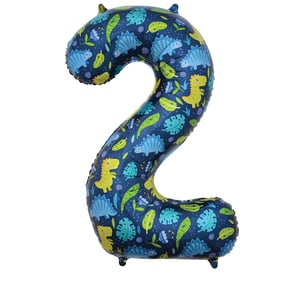 a blue number 2 balloon with dinosaurs and leaves on it