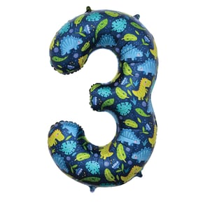 a blue number 3 balloon with dinosaurs and leaves on it