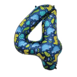 a blue number four balloon with dinosaurs on it