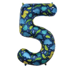 a number 5 balloon with dinosaurs and leaves on it