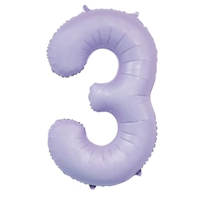a purple balloon in the shape of the number three