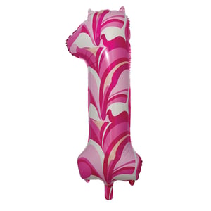 a pink and white balloon in the shape of the number 1
