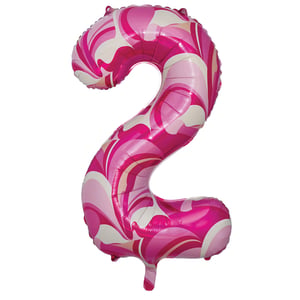 a pink and white balloon in the shape of the number 2