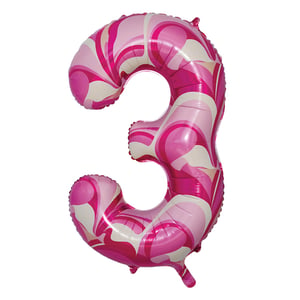a pink and white balloon in the shape of the number three