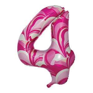 a pink and white balloon in the shape of the number four