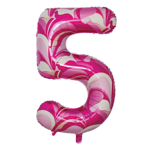 a pink and white balloon in the shape of the number 5