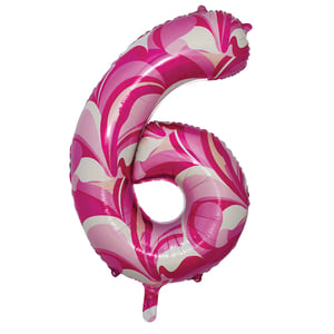a pink and white balloon in the shape of the number 6