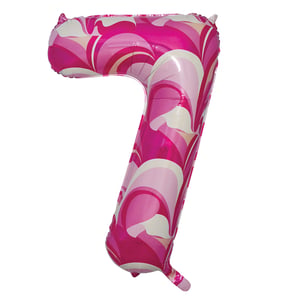 a pink and white balloon in the shape of the number 7