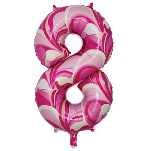 a pink and white number 8 balloon on a white background