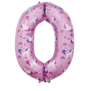 a pink number 0 balloon with unicorns and rainbows on it