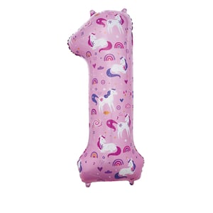 a pink number 1 balloon with unicorns and rainbows on it