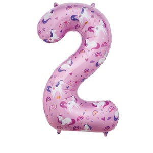 a pink number 2 balloon with unicorns and rainbows on it