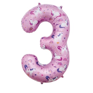 a pink number 3 balloon with unicorns and rainbows on it