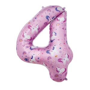 a pink number four balloon with unicorns and rainbows on it