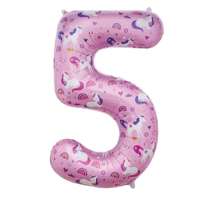 a pink number 5 balloon with unicorns and rainbows on it