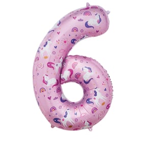 a pink number 6 balloon with unicorns and rainbows on it