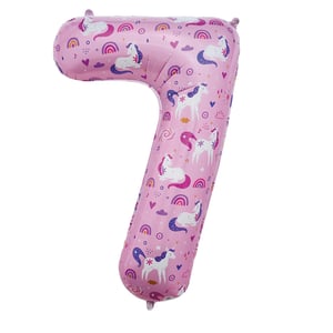 a pink number 7 balloon with unicorns and rainbows on it