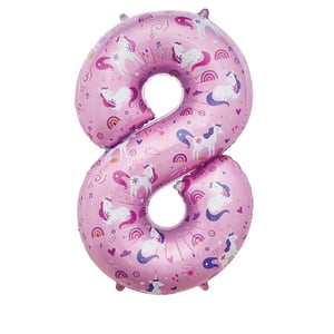 a pink number 8 balloon with unicorns and rainbows on it